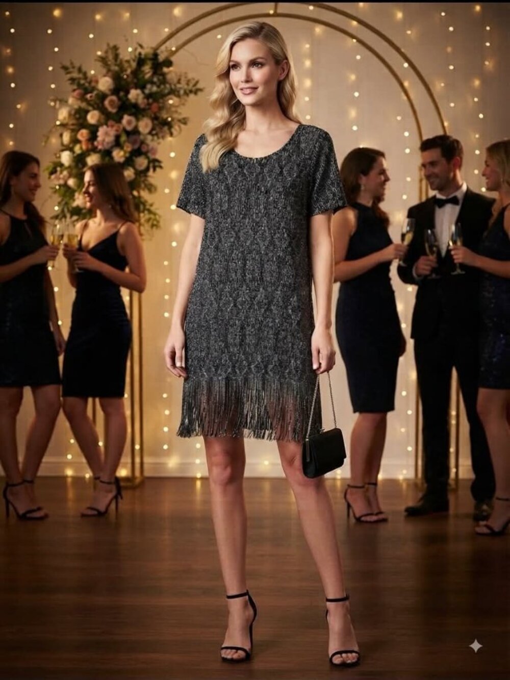 GUC Sheer Metallic Fringe Dress Black Silver Party Cocktail Dress